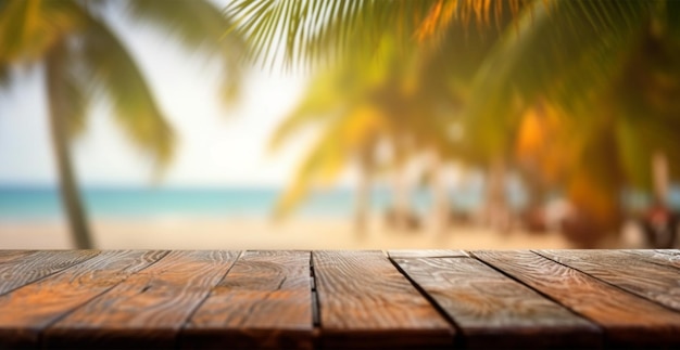 Old wooden table top against blurred panoramic beach with coconut palm leaves Concept Vacation Summer Beach Sea AI generated image