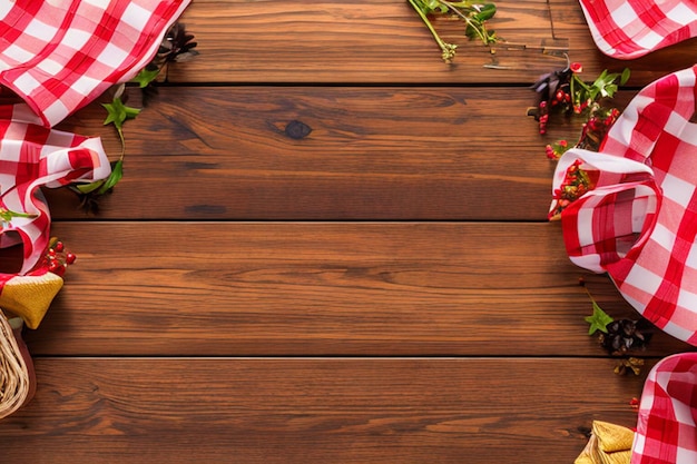 old wooden table with red picnic tablecloth and copyspace