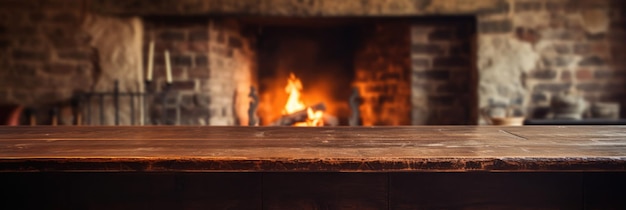 Photo old wooden table with warm fireplace in background