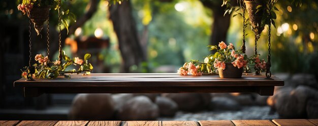 Photo old wooden terrace with wicker swing hanging from tree and hazy background of nature