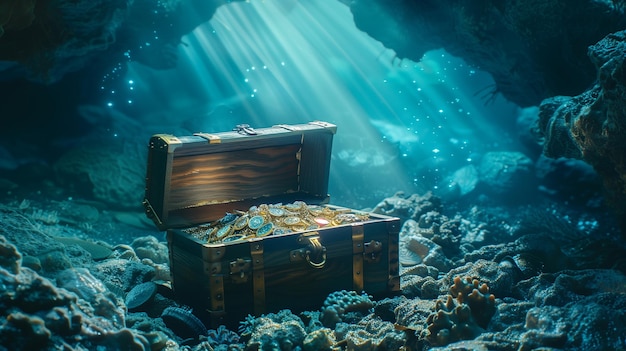 Photo old wooden treasure chest filled with treasures