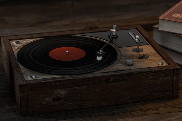 the old wooden vinyl record player on the table 3d rendering