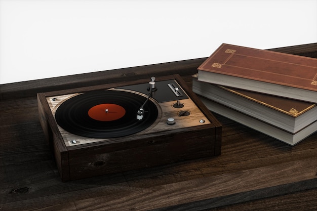 Photo the old wooden vinyl record player on the table 3d rendering