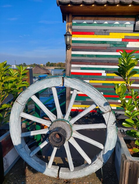 Old wooden wagon wheel