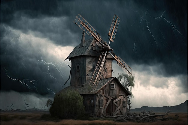 Old wooden windmill in thunderstorm created with generative ai