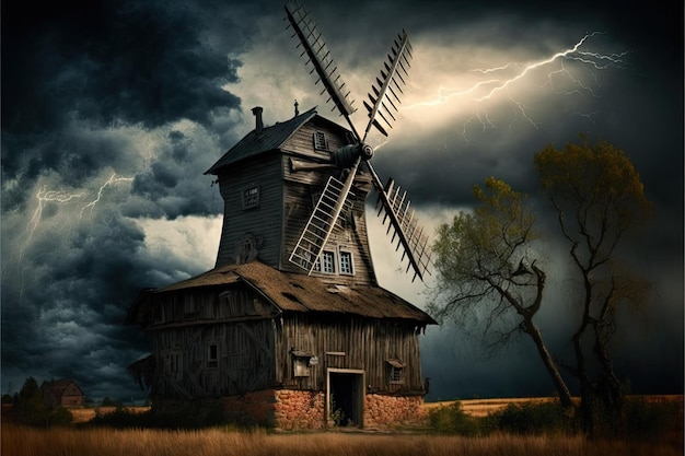 Old wooden windmill in thunderstorm created with generative ai