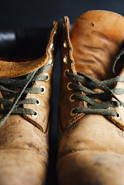 Old working leather boots on dark background