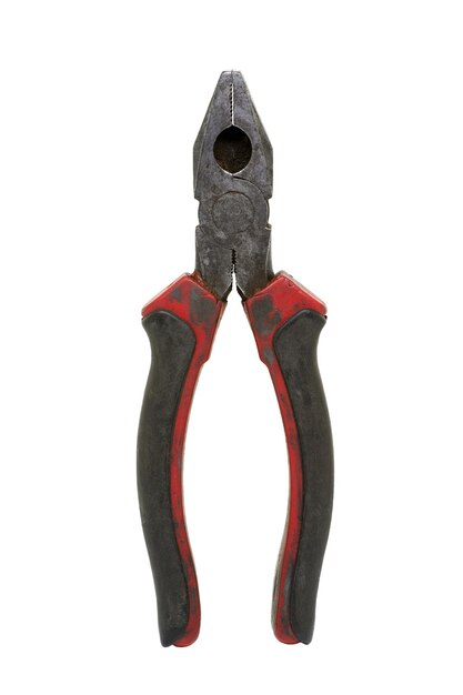 Old working locksmith pliers on white background