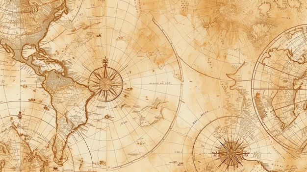 An old world map with a compass and a decorative border The map is in a sepia tone and has a vintage feel