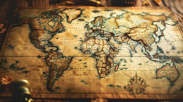 Foto una vecchia mappa del mondo con un tono sepia la mappa è su un tavolo di legno