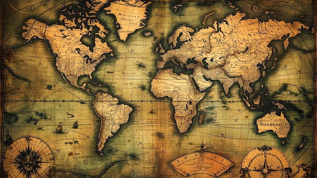 An old world map with a vintage and retro style The map is in a sepia tone and has a lot of detail