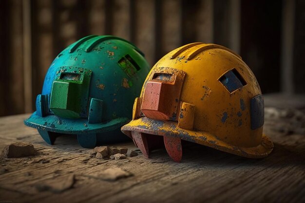 Old and worn colorful construction helmets Generative AI