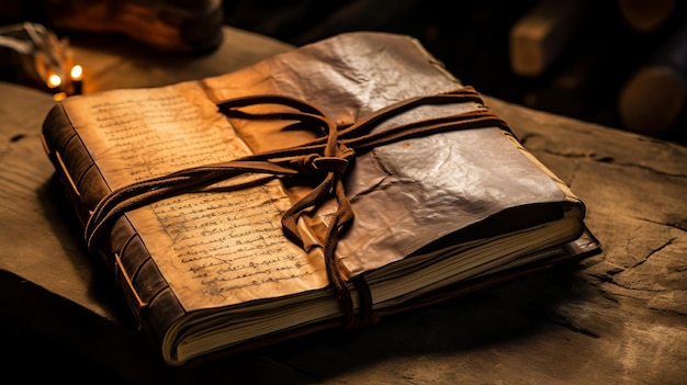 An old worn leather journal filled with handwritten memories