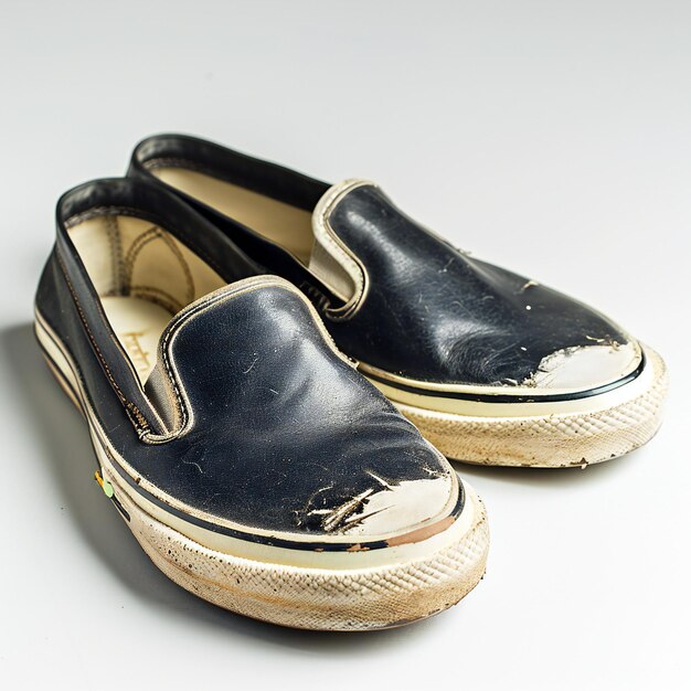 Old worn shoes on a white background Shallow depth of field