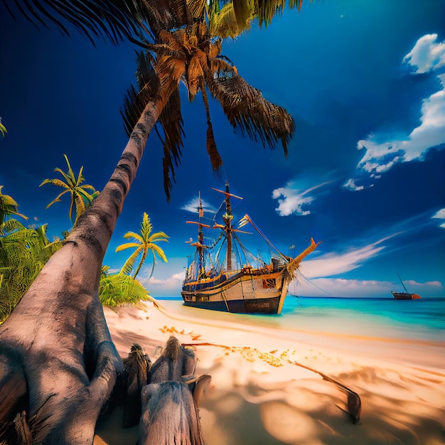 An old wrecked ancient ship rides on a deserted beach An abandoned wooden boat