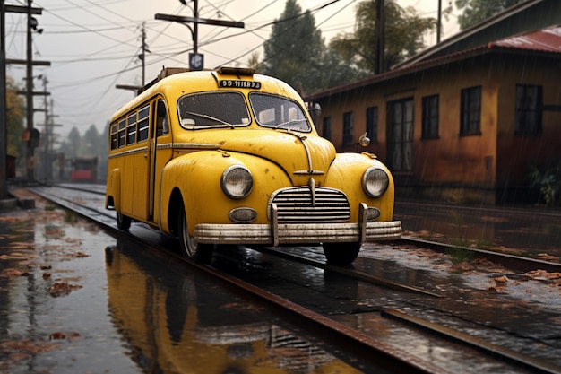 Old yellow tram on a rainy day in the city of Lviv Ukraine