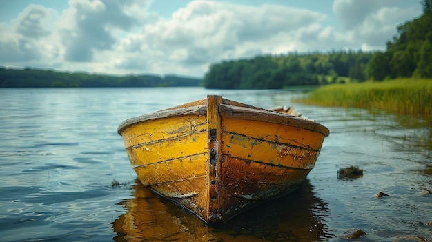 старая желтая деревянная лодка в воде на фоне реки