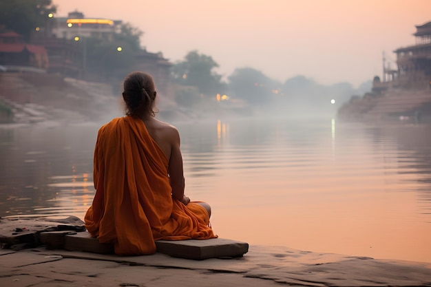 An old yogi was meditating on the bank of the Ganges River It was quiet amidst the morning sunshine