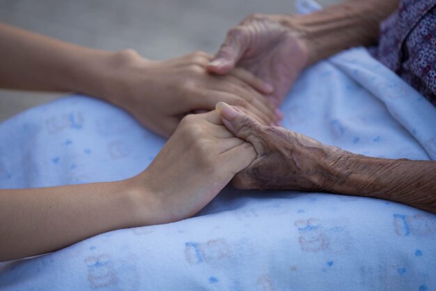 Old and young holding hands on light background closeup