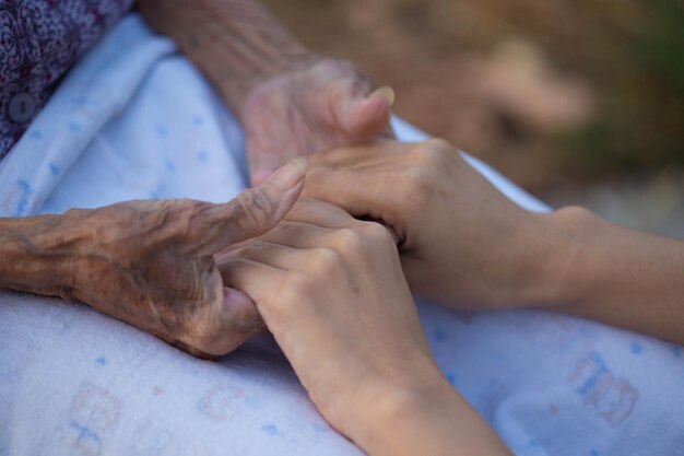 Photo old and young holding hands on light background closeup