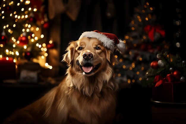 Photo olden retriever dog with christmas hat and christmas tree high quality photo spectacular backdrops