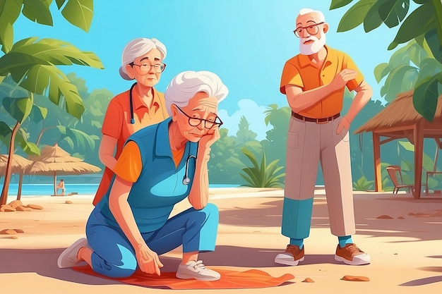 Older adult suffering from overheating and dizziness flat characters on cartoon background