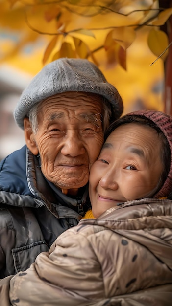 年配のアジア人カップルが抱きしめ合っている