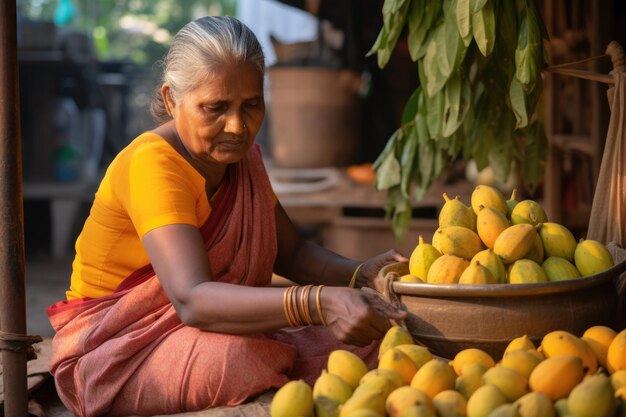 An older asian woman puts mangoes in basket an indian woman picks through ripe juicy mangoes