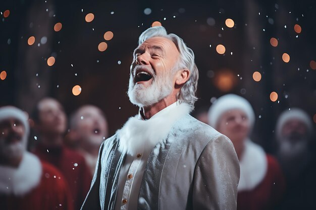 An older Caucasian man in a Christmas choir singing carols with passion gracefully gliding on ice