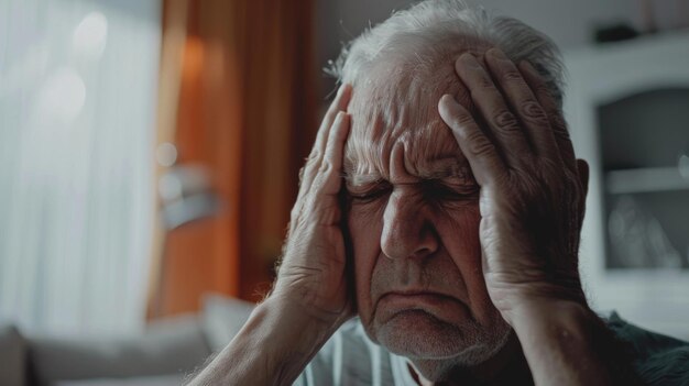 Photo older caucasian man with headache holding head in hands