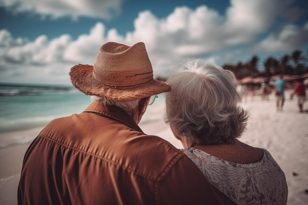 An older couple on a beach looking out to sea