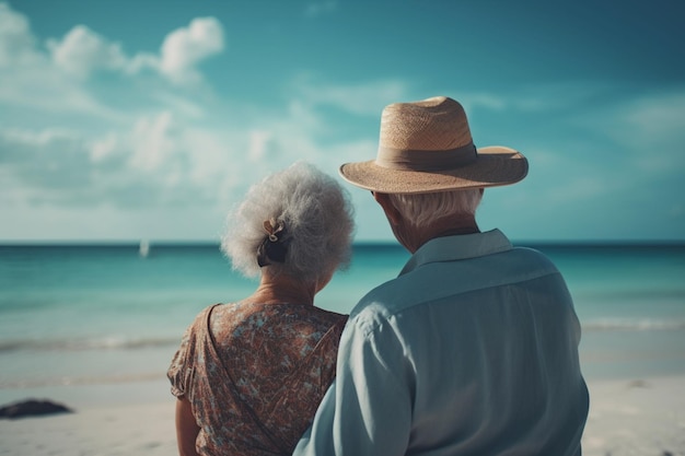 An older couple on a beach looking out to sea