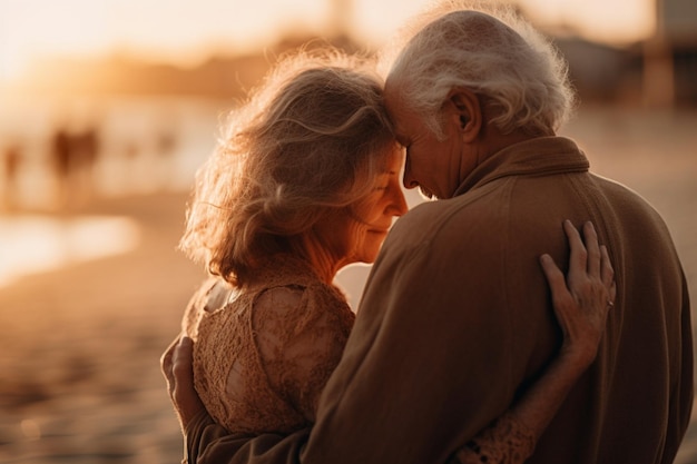 An older couple embrace on a beach