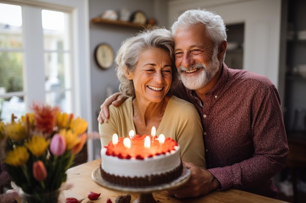 an older couple embracing in a kitchen