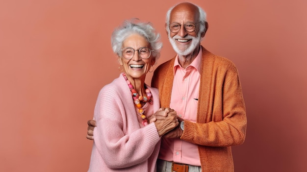 手を繋いで微笑む年配の夫婦。