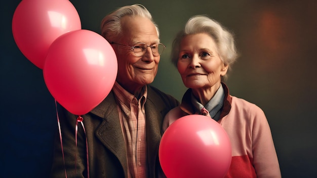 An older couple holding two pink love heart balloons