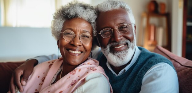 Photo an older couple hugs on the couch having