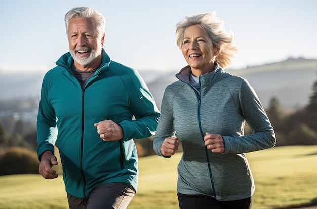 An older couple is jogging in an open field