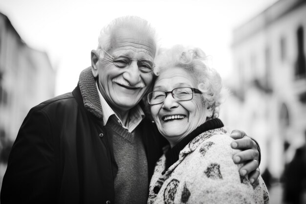 An older couple is smiling and hugging ai