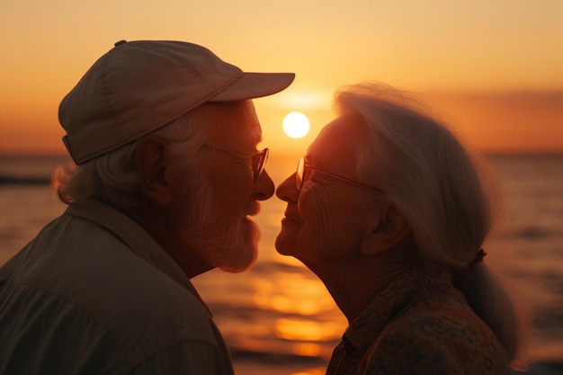 夕暮れ時、ビーチでキスをする年配のカップル