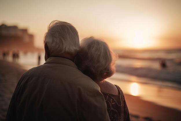 An older couple looking out at the sunset on a beach