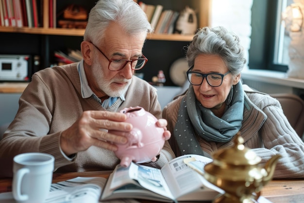 Photo an older couple looking at a pink piggy bank