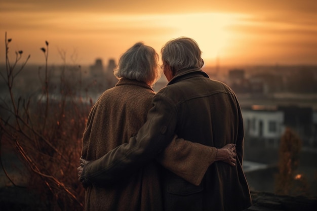 An older couple looking at the sunset over a city