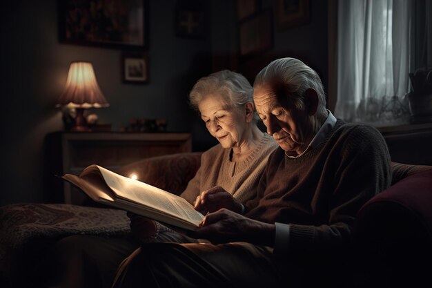 An older couple reading books in evening in cozy home generative ai