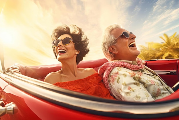 an older couple riding in open top convertible car in the style of lens flares