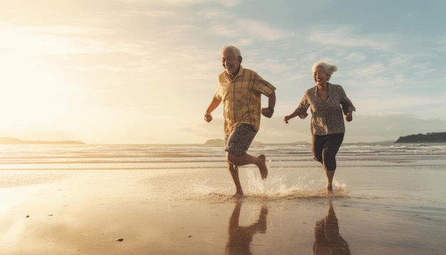 An older couple runing on the beach modern clothing thailand people