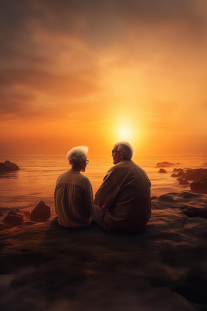 An older couple sits on a beach looking at the sunset