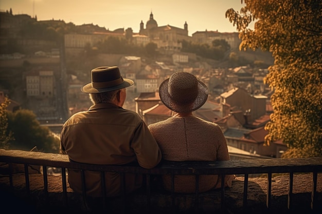 An older couple sits on a bench looking at a cityscape