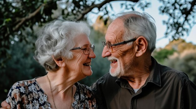 Foto una coppia di anziani che si sorridono mentre stanno sotto un albero