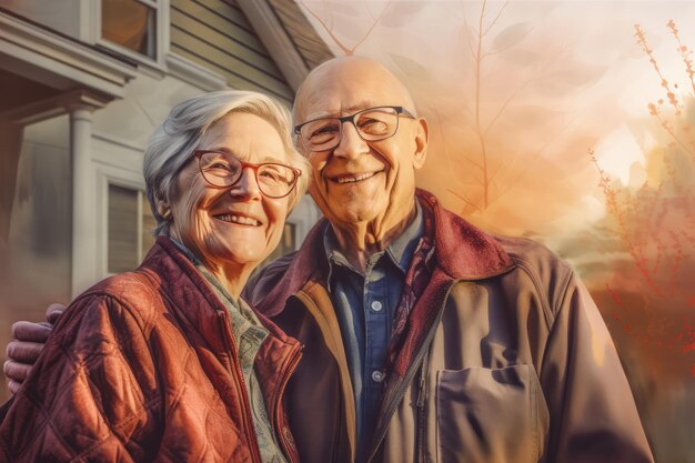 An older couple standing together in front of their home